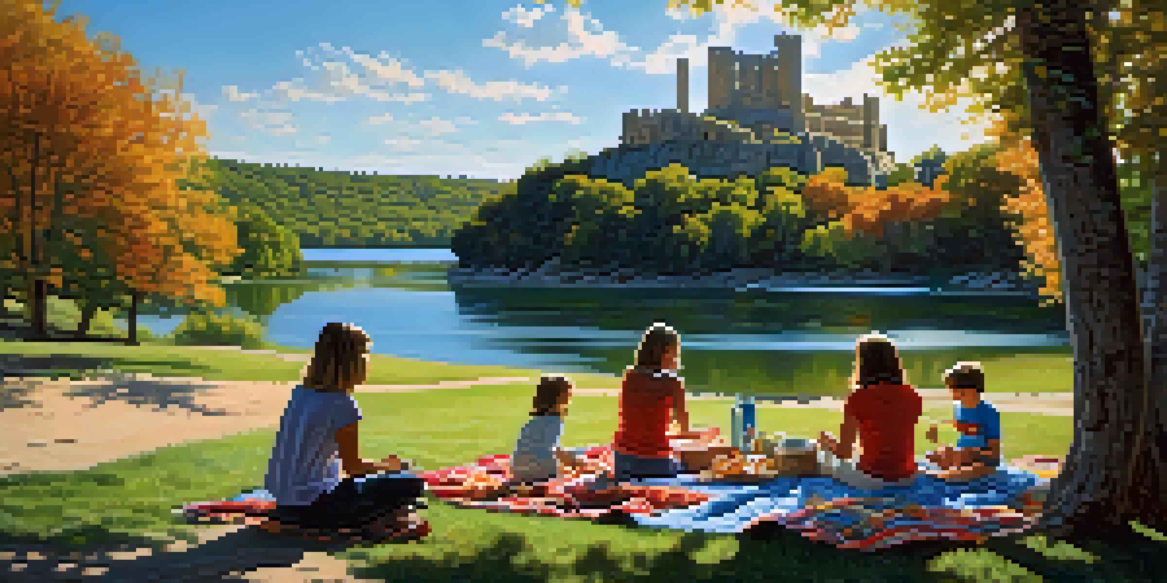 A family enjoying a picnic at Ha Ha Tonka State Park with castle ruins and a lake in the background.