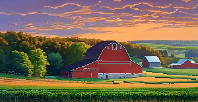 A scenic sunset over a Missouri farm with green fields of crops and a red barn, and grazing cows.