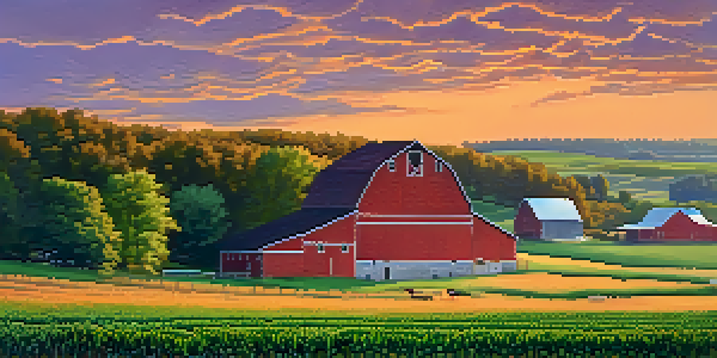 A scenic sunset over a Missouri farm with green fields of crops and a red barn, and grazing cows.