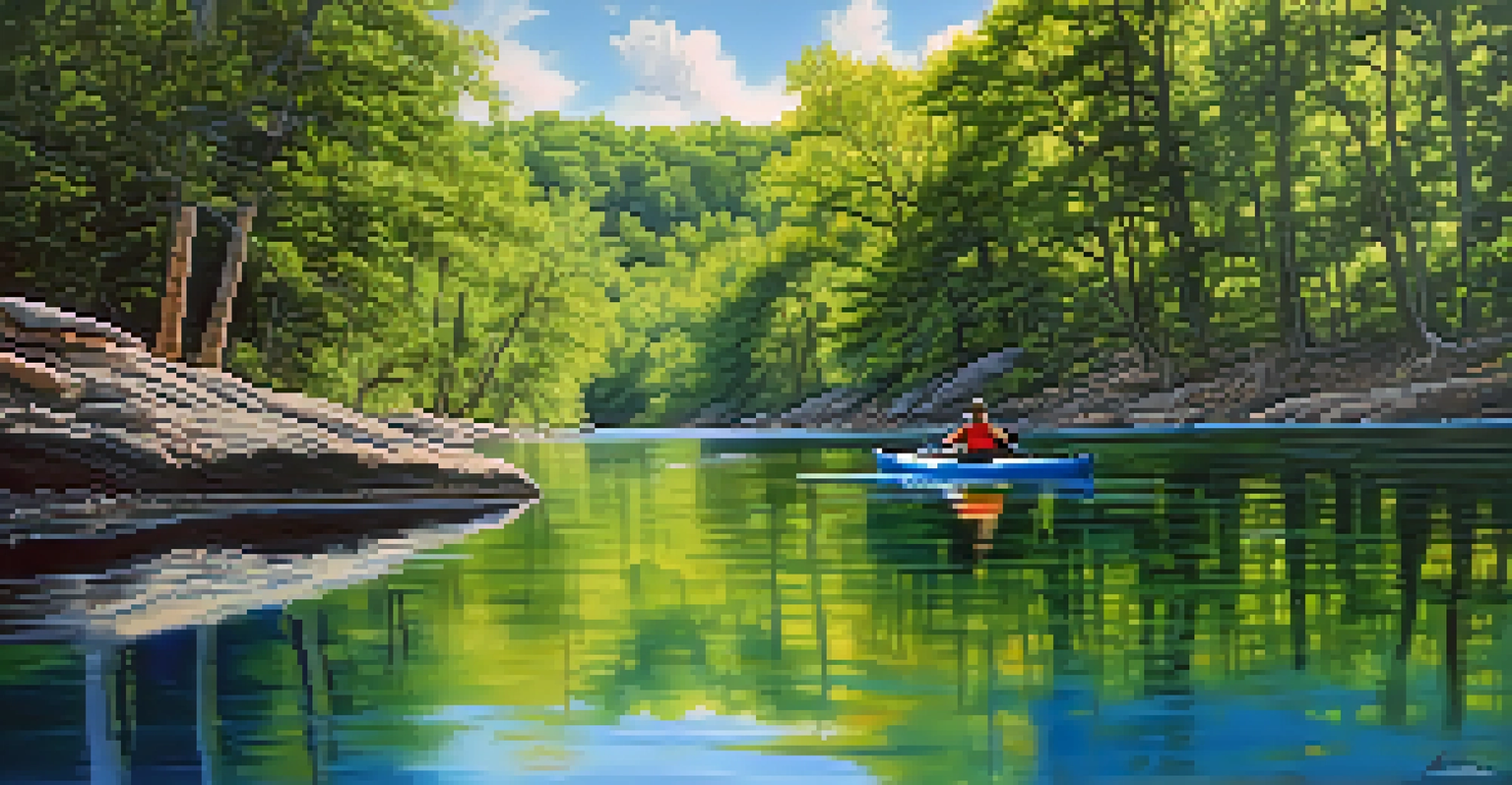 A kayaker navigating the calm waters of the Current River in Missouri, surrounded by lush trees and wildlife, creating a peaceful outdoor scene.