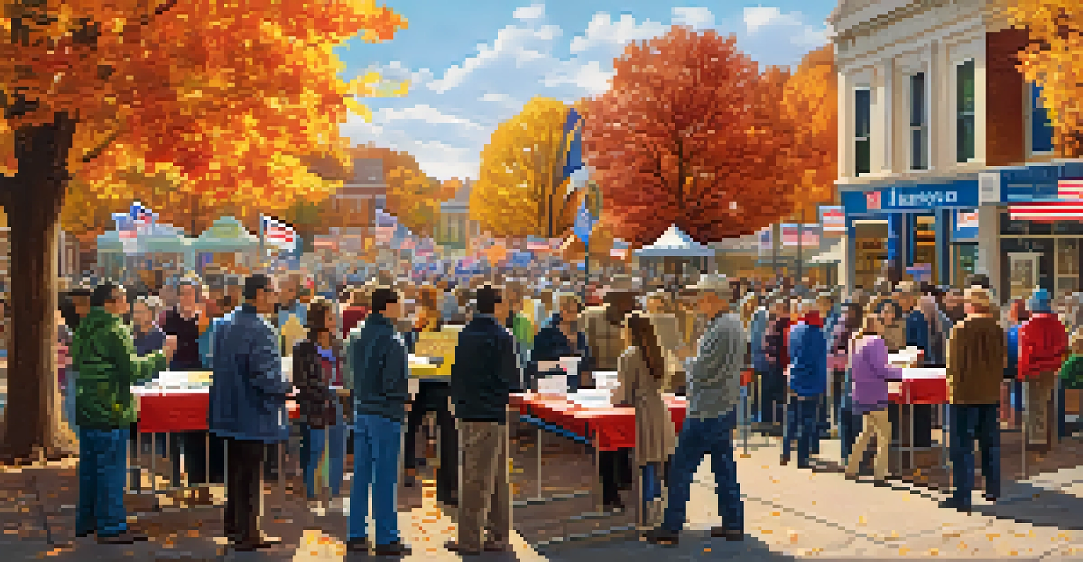 A lively local election scene in a Missouri town square, with voters and candidates interacting amid colorful decorations.