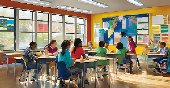 A bright classroom filled with diverse students, including those with disabilities, working together with an educator. Assistive technology is present, highlighting an inclusive learning atmosphere.
