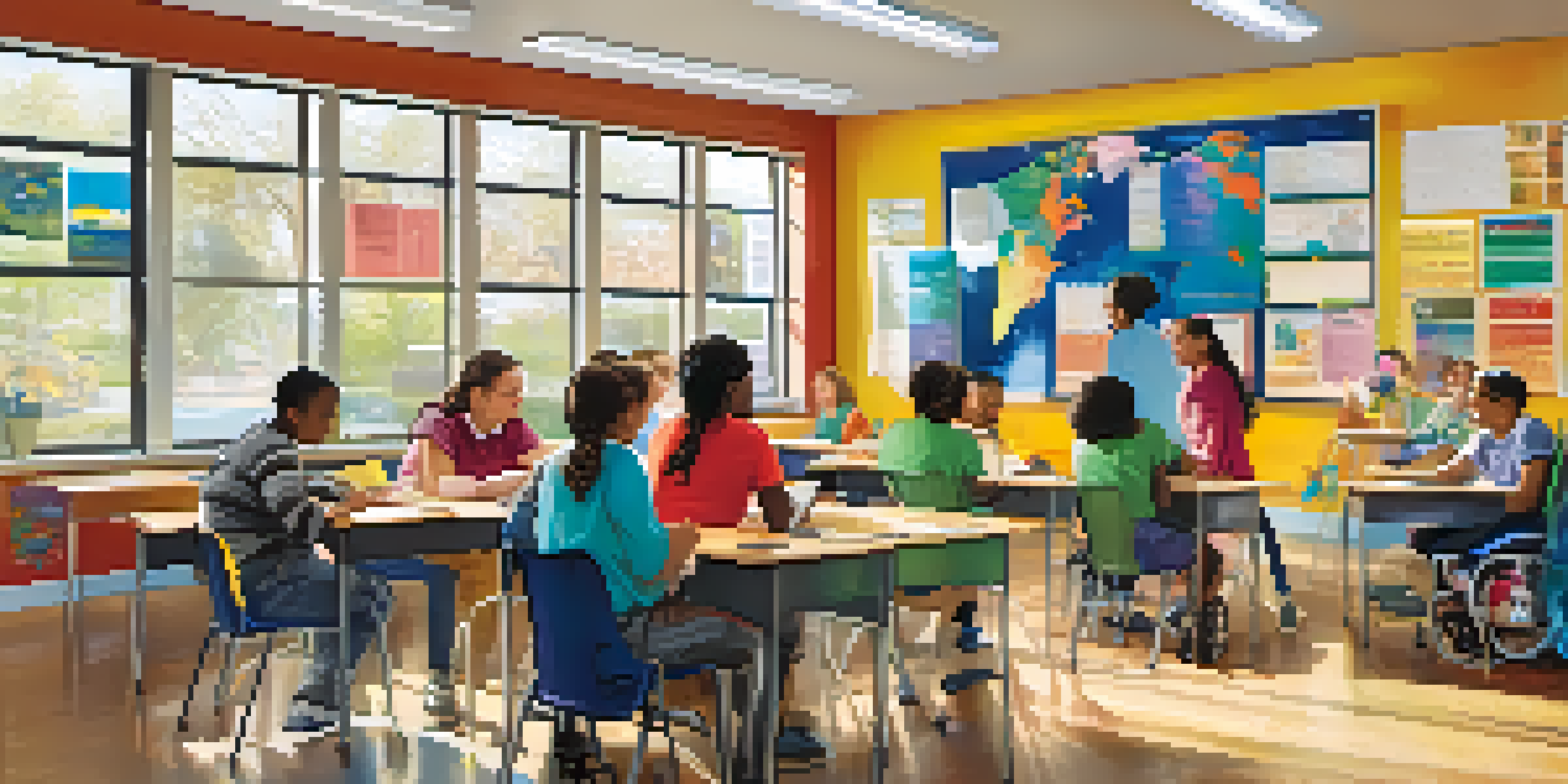 A bright classroom filled with diverse students, including those with disabilities, working together with an educator. Assistive technology is present, highlighting an inclusive learning atmosphere.
