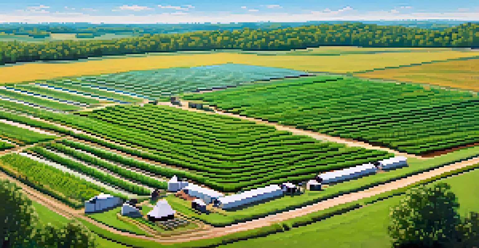 An aerial view of a Missouri hog farm with organized pens and healthy hogs, surrounded by greenery and cornfields.