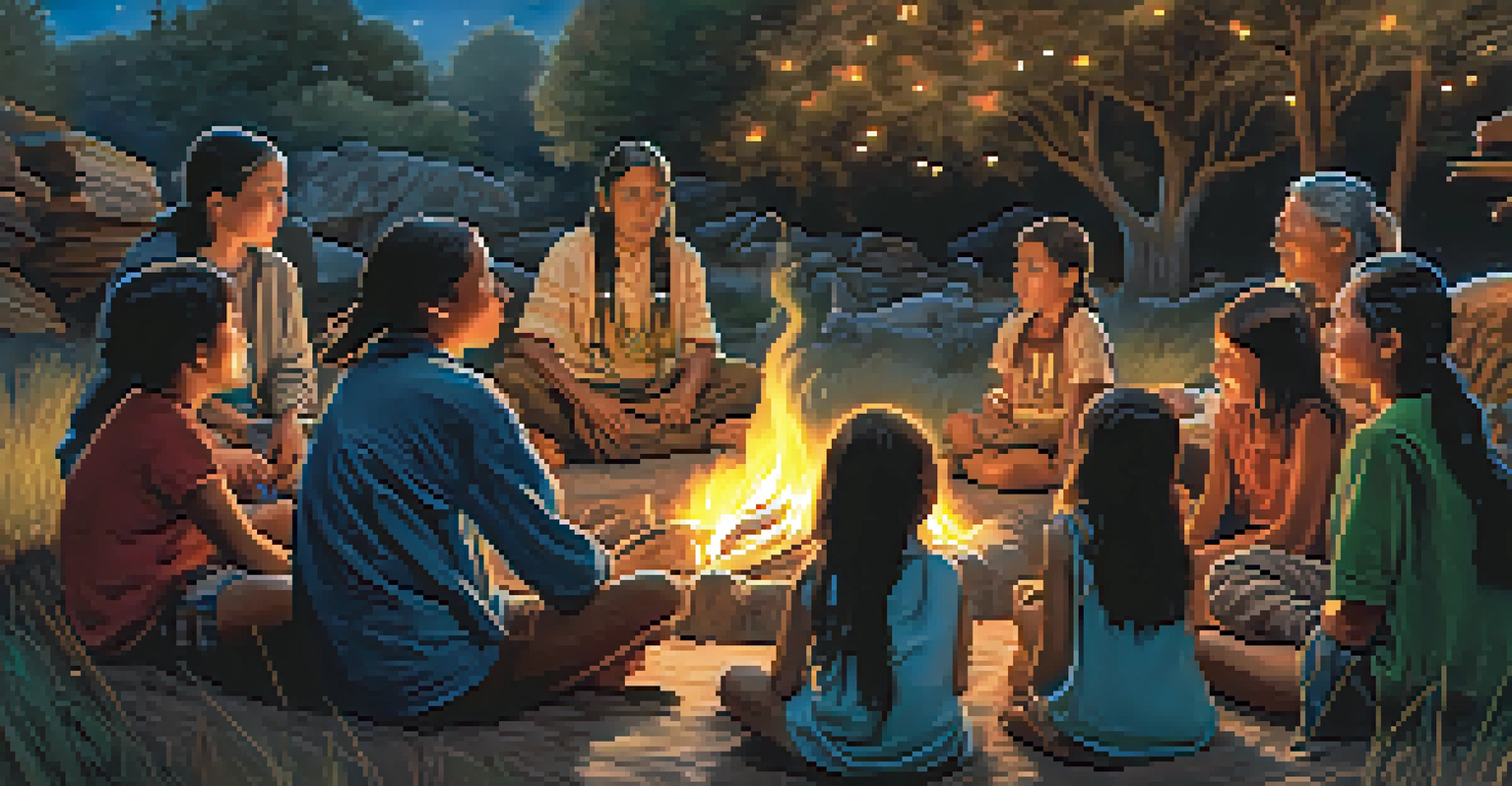 An elder sharing a Native American story with children around a campfire under a starry sky.