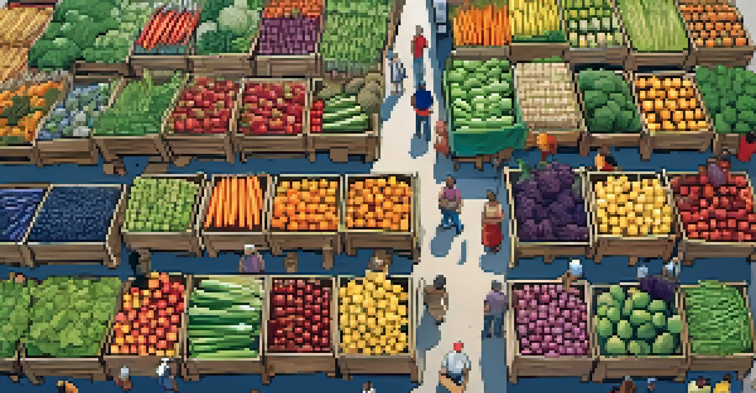 A bustling CSA market with farmers and consumers interacting, surrounded by a variety of fresh produce in a vibrant setting.