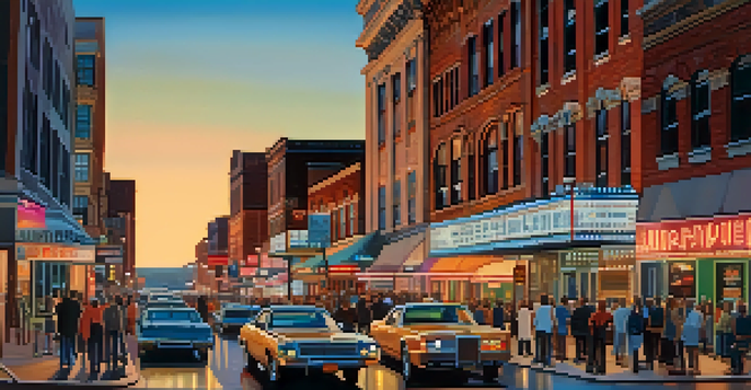 A colorful city skyline of Missouri at dusk, featuring modern and historical buildings with lights and people interacting on the streets.