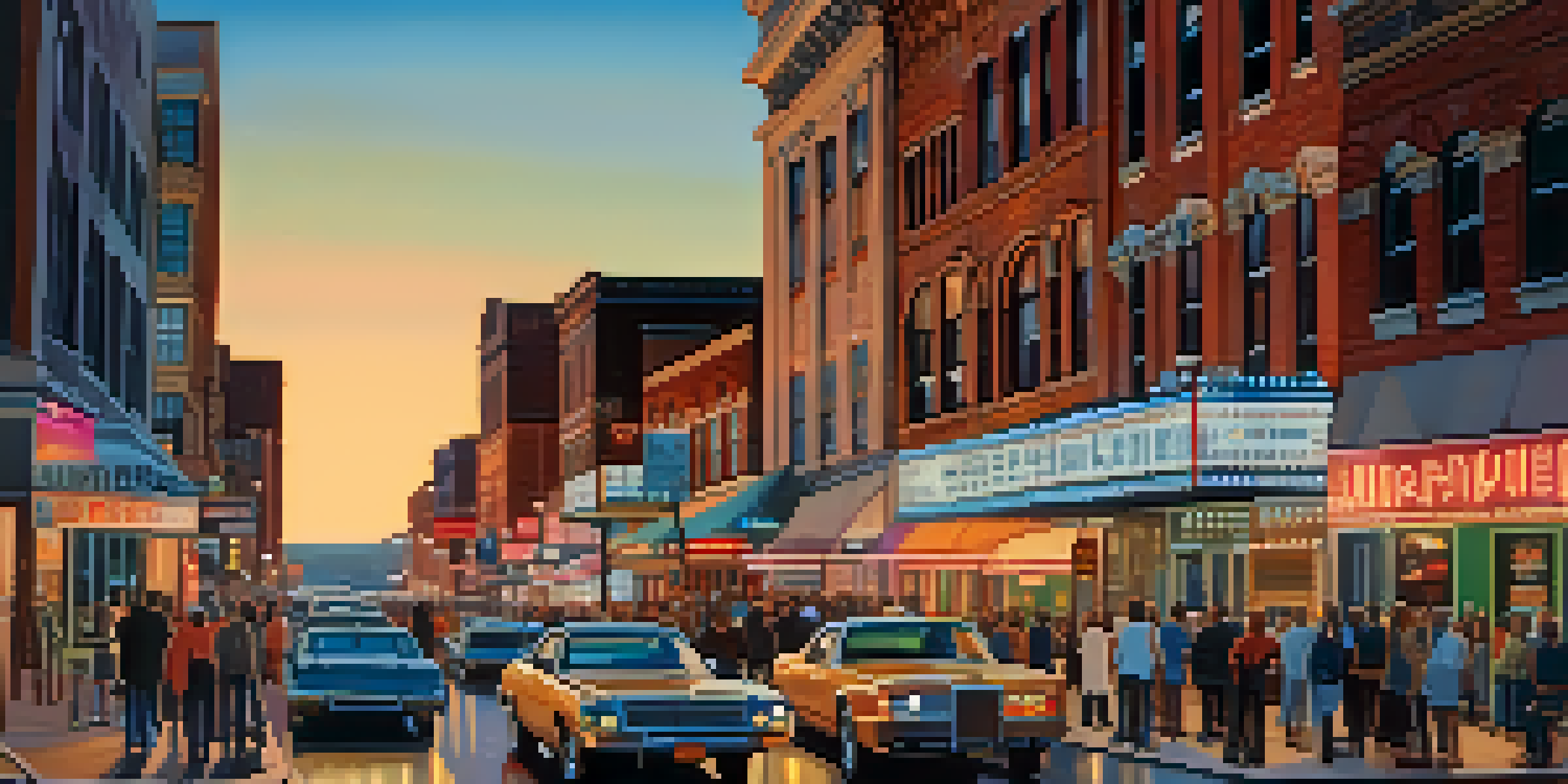A colorful city skyline of Missouri at dusk, featuring modern and historical buildings with lights and people interacting on the streets.