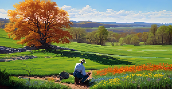 A farmer planting seeds in a blooming field of wildflowers in Missouri during spring, with trees and a blue sky in the background.