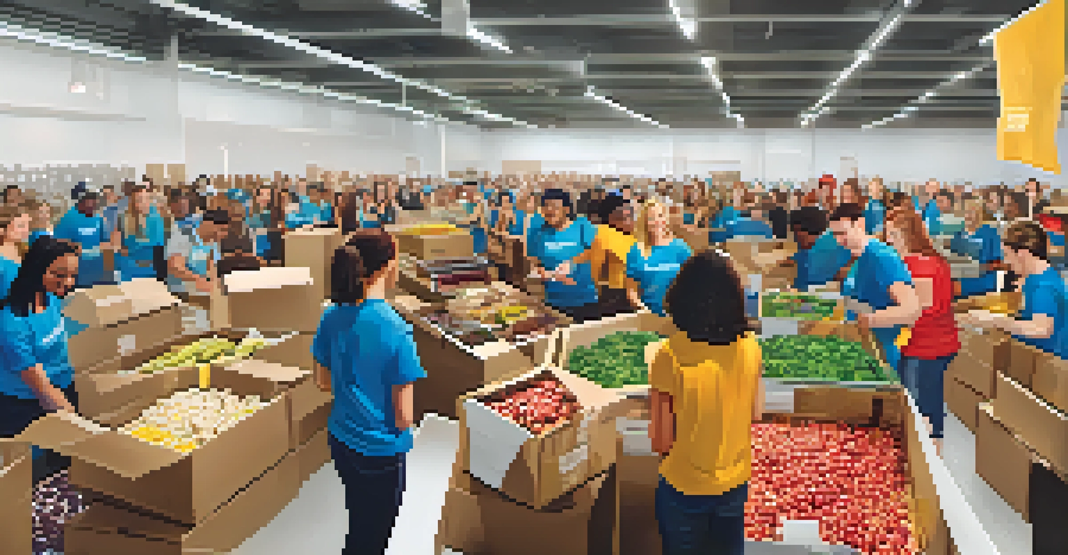 Students from a community college volunteering at a food bank, engaging with the community and sorting donations.