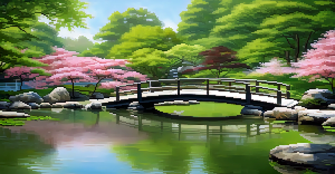 A tranquil Japanese Garden featuring a pond, cherry blossom trees, and a wooden bridge, illuminated by soft morning light.