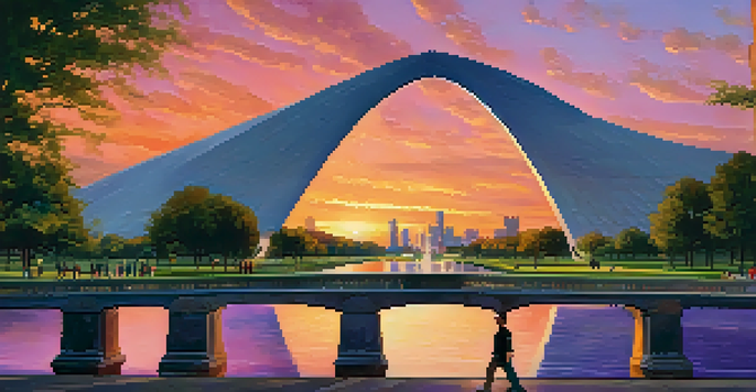 A picturesque sunset view of the Gateway Arch, surrounded by visitors and green park areas, with colorful sky reflections on the Arch's surface.