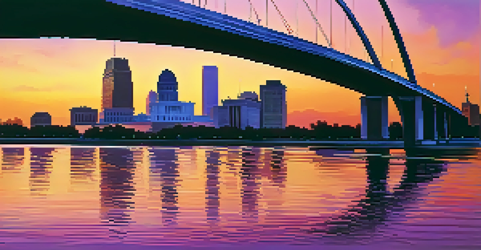 The Gateway Arch at sunset, with families picnicking along the riverfront and the sky in vibrant shades of orange and purple.