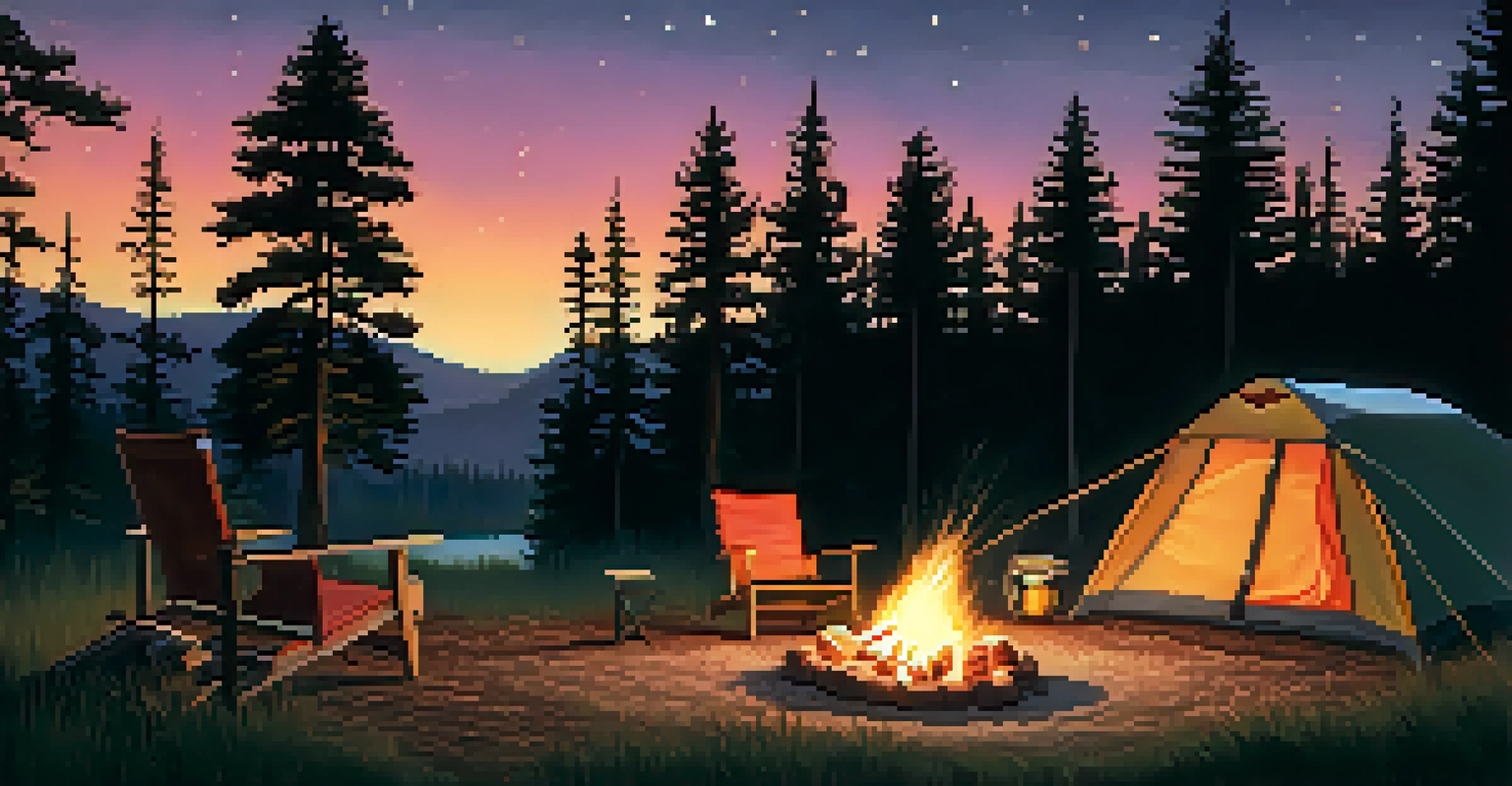 A campsite in Missouri at twilight with a campfire, chairs, and a tent under a starry sky.
