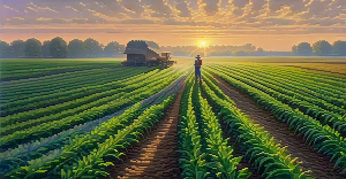 A farmer inspecting vibrant green crops in a Missouri farmland landscape at sunrise, with mist rising and a colorful sky.