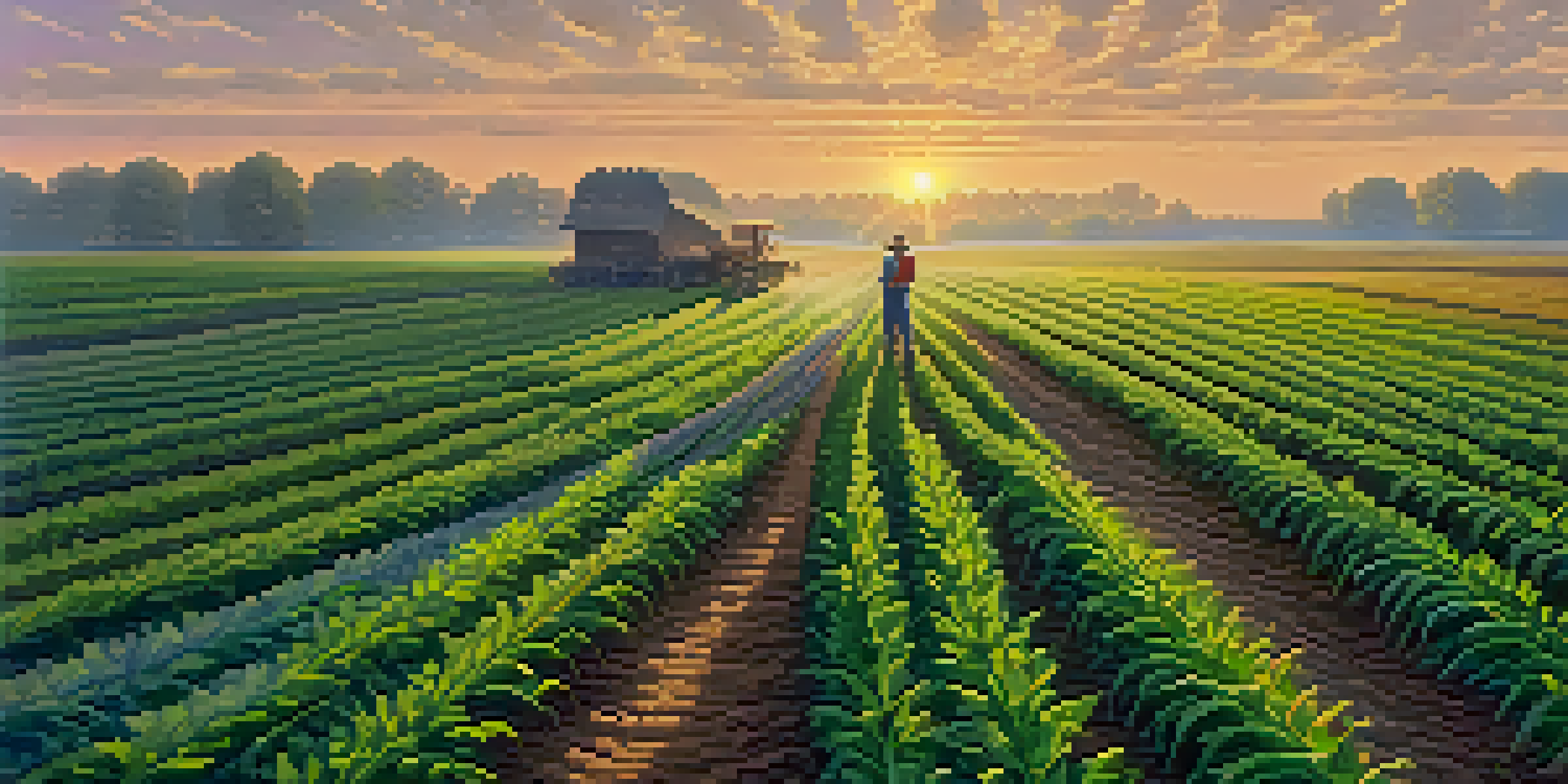 A farmer inspecting vibrant green crops in a Missouri farmland landscape at sunrise, with mist rising and a colorful sky.