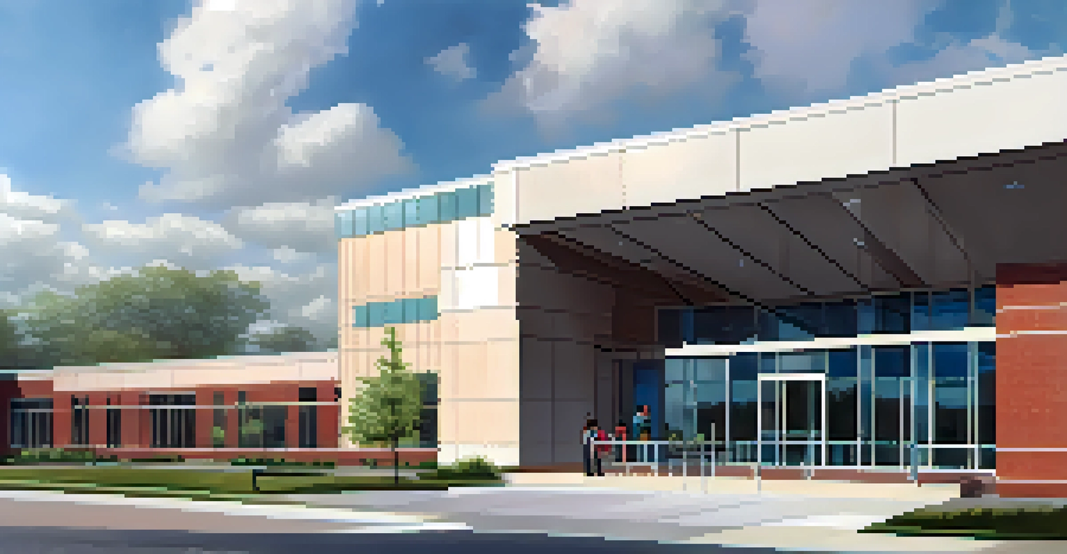 A modern urban healthcare facility in St. Louis with diverse people interacting outside the building.