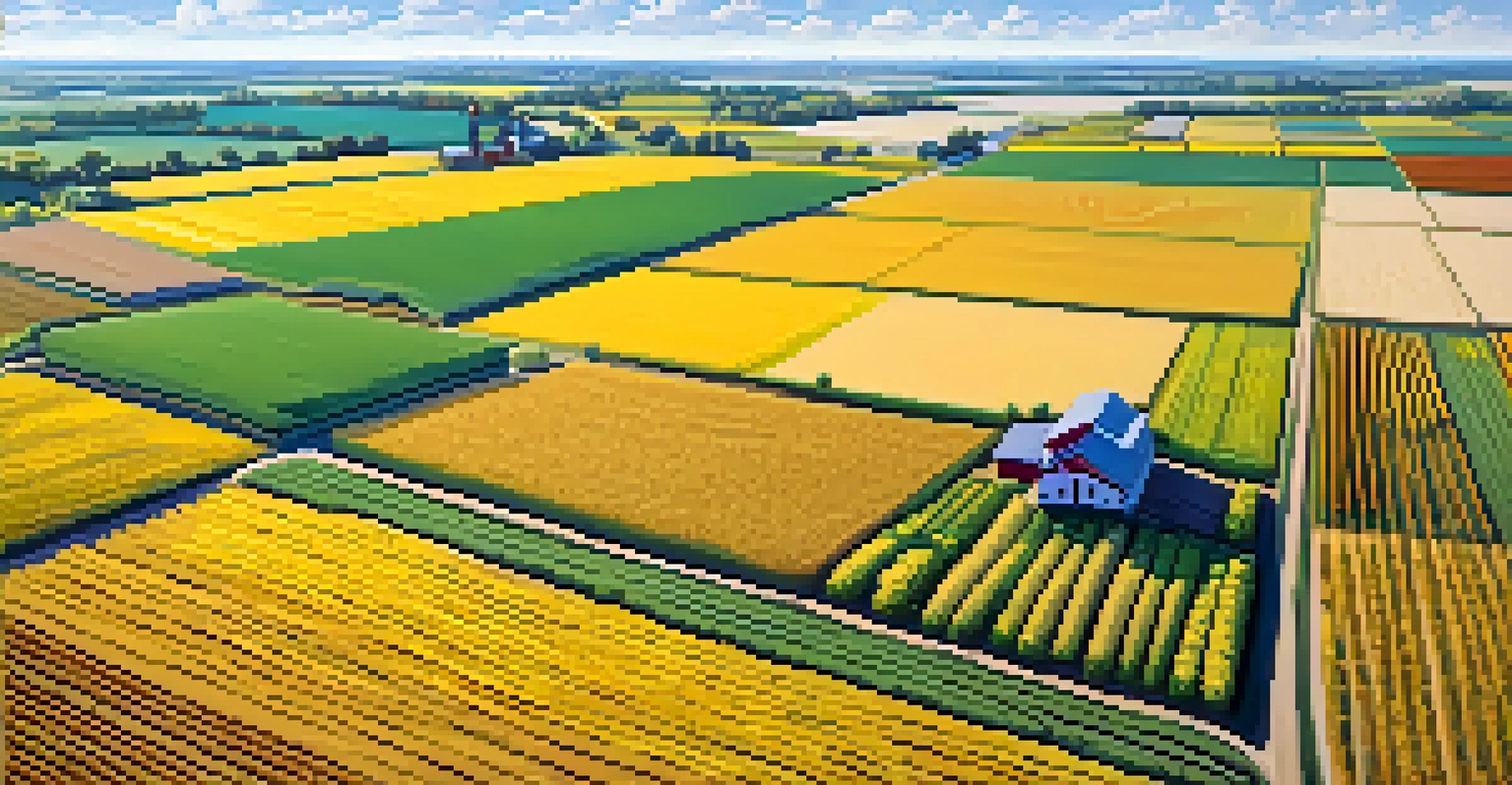 An aerial view of a colorful Missouri farm with various crops growing in distinct patterns.