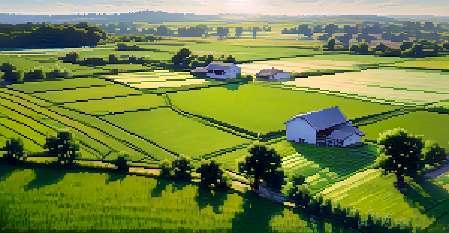 Aerial view of a lush rice field in Missouri, bordered by wildflowers and hills.