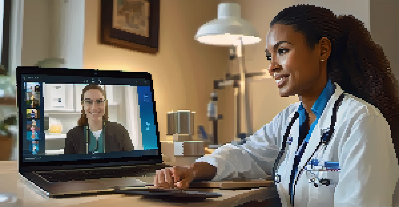 A healthcare worker using telehealth technology to connect with a patient, showing a computer with a video call in a calming home setting.