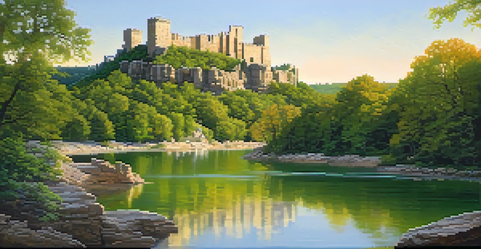 A scenic view of Ha Ha Tonka State Park showcasing the ruins of a stone castle surrounded by lush greenery and bluffs at sunset.