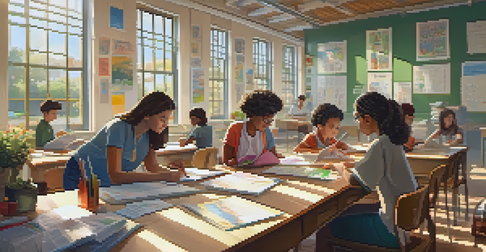 A colorful classroom with diverse students and a teacher engaged in a science project, sunlight streaming through the windows.