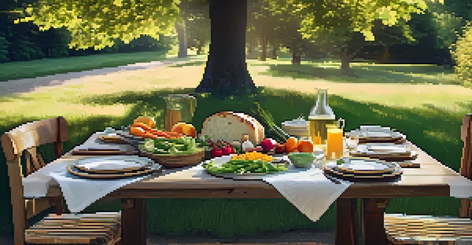 An outdoor dining table set with seasonal vegetables, artisanal cheeses, and bread, surrounded by greenery and dappled sunlight.