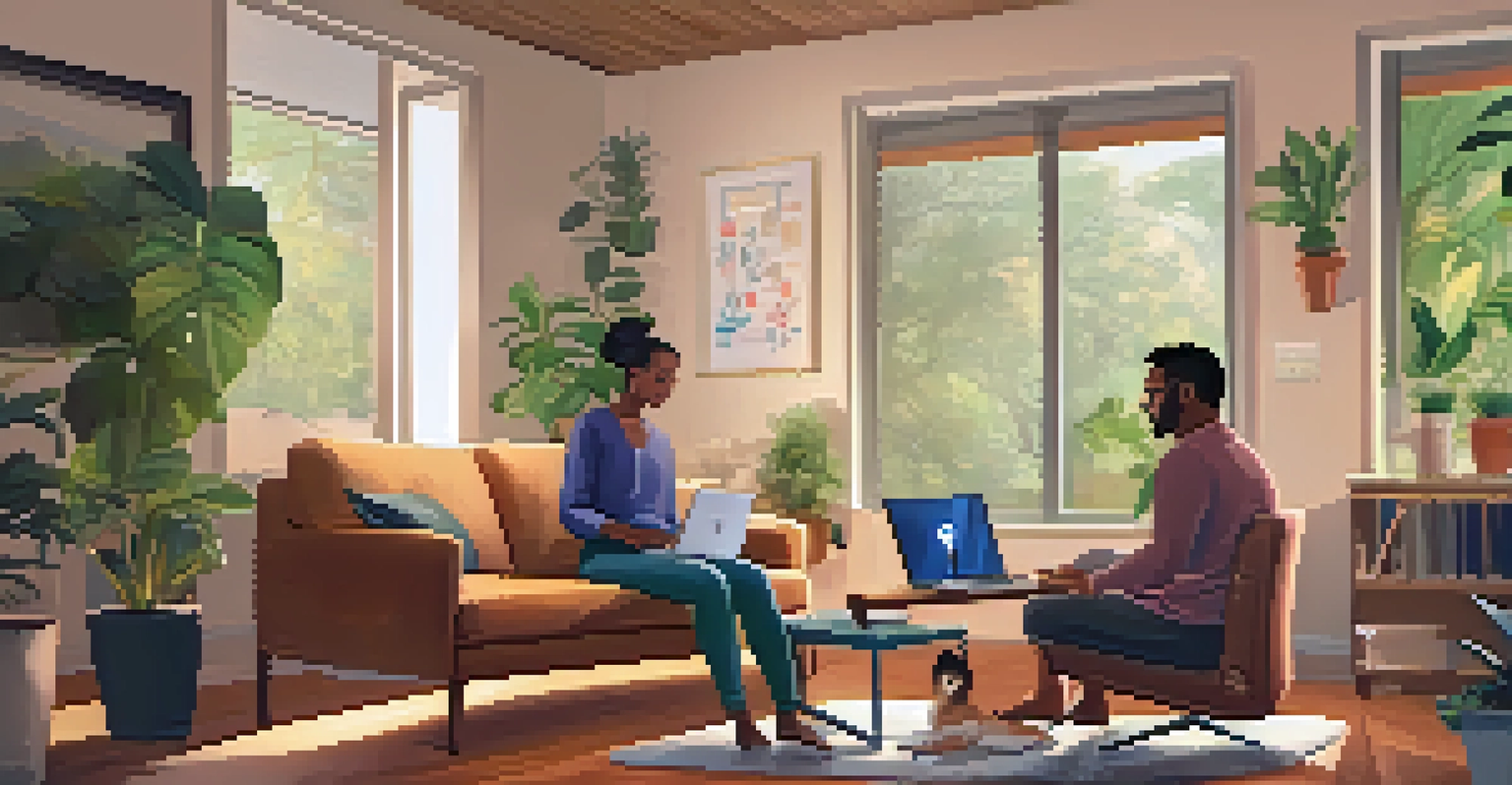 A telehealth consultation taking place in a cozy living room with a patient on a couch and a healthcare provider on a laptop screen.