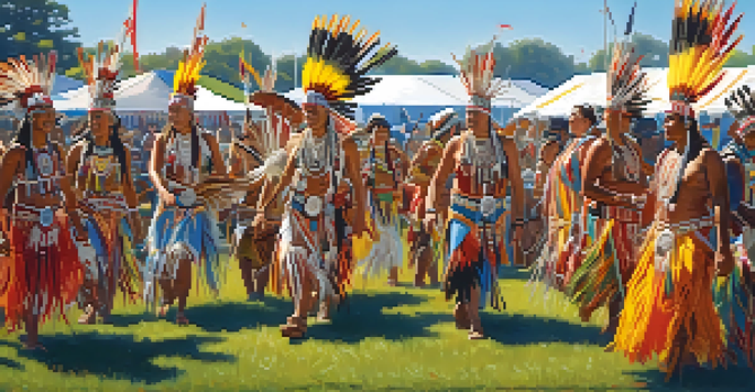 A lively Native American powwow with dancers in traditional attire, colorful tents, and a bright sky.