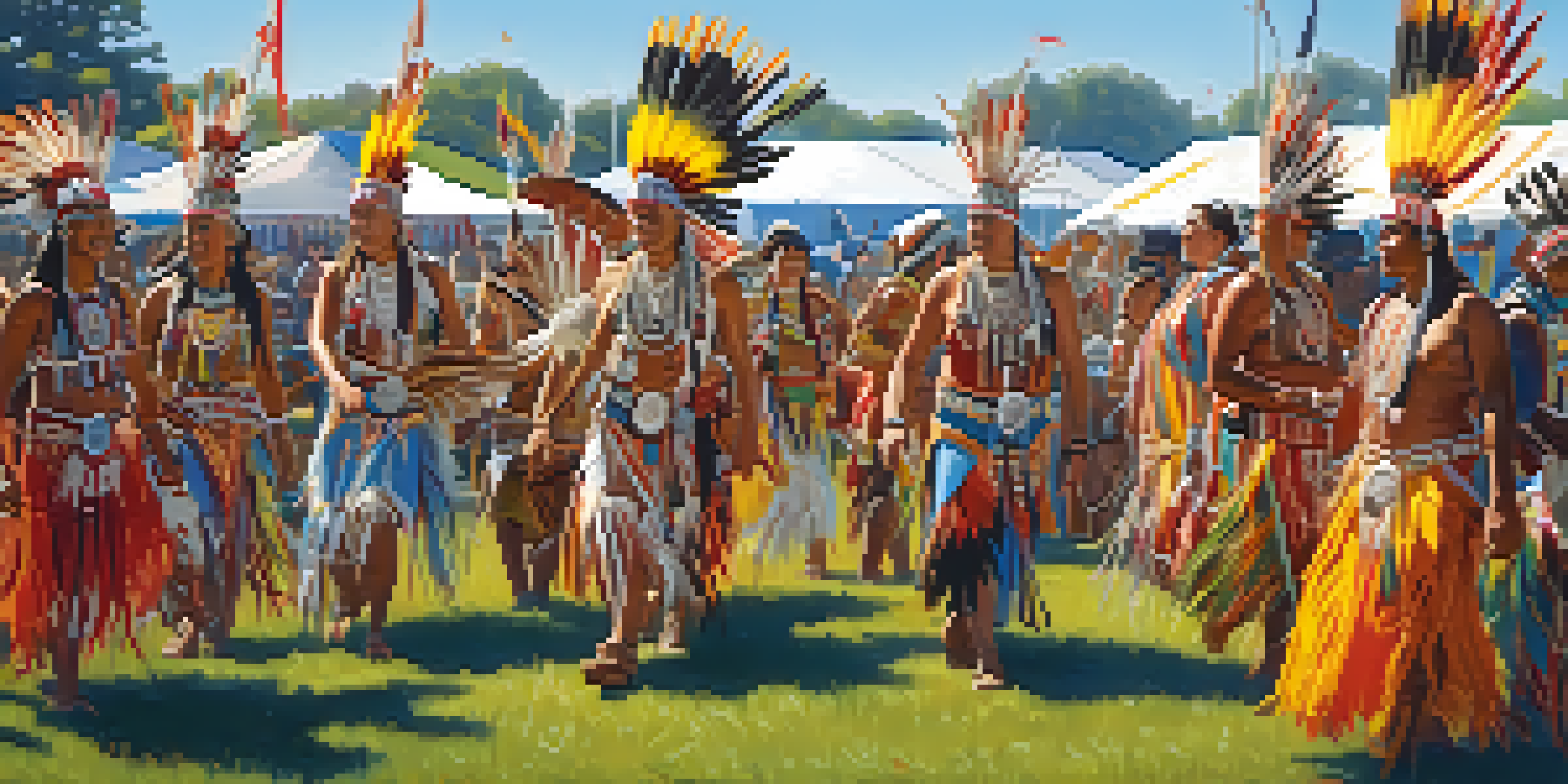 A lively Native American powwow with dancers in traditional attire, colorful tents, and a bright sky.