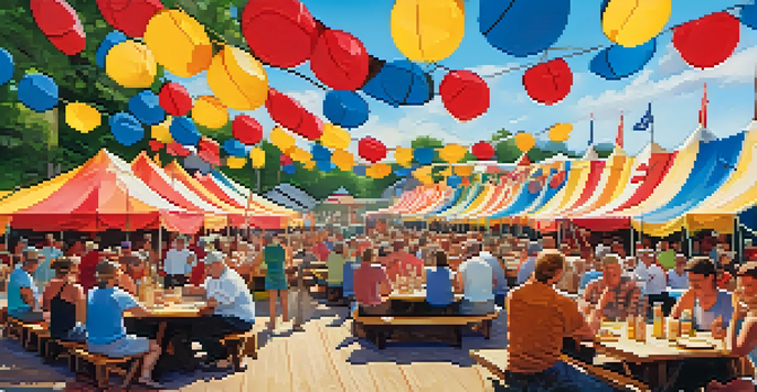 A lively food festival in Missouri with people enjoying BBQ dishes and local musicians performing under colorful tents.