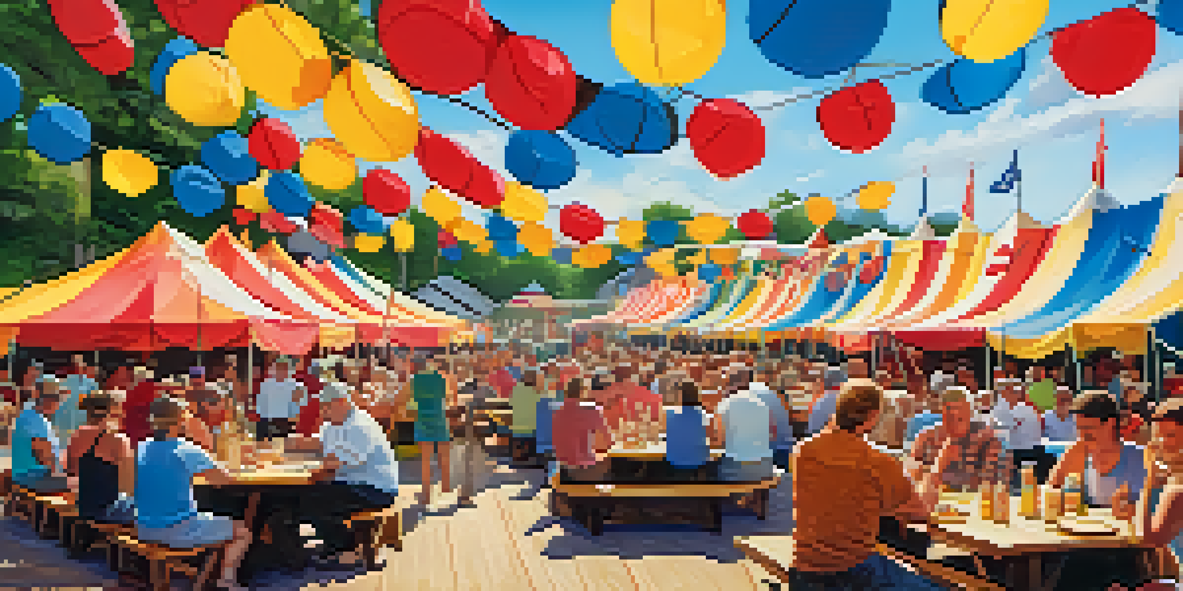 A lively food festival in Missouri with people enjoying BBQ dishes and local musicians performing under colorful tents.