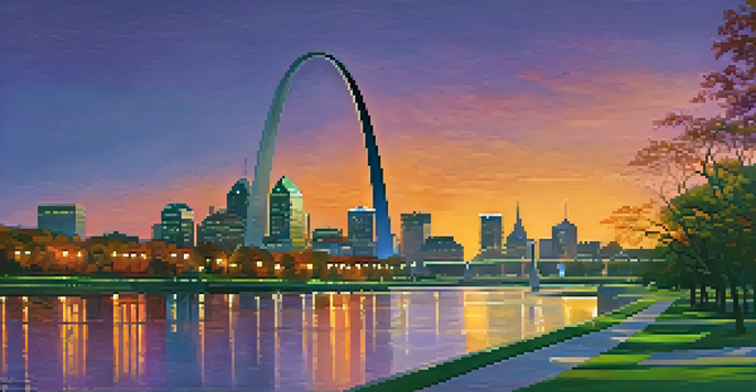 A sunset view of the Gateway Arch in St. Louis with a colorful sky and the Mississippi River reflecting the colors.