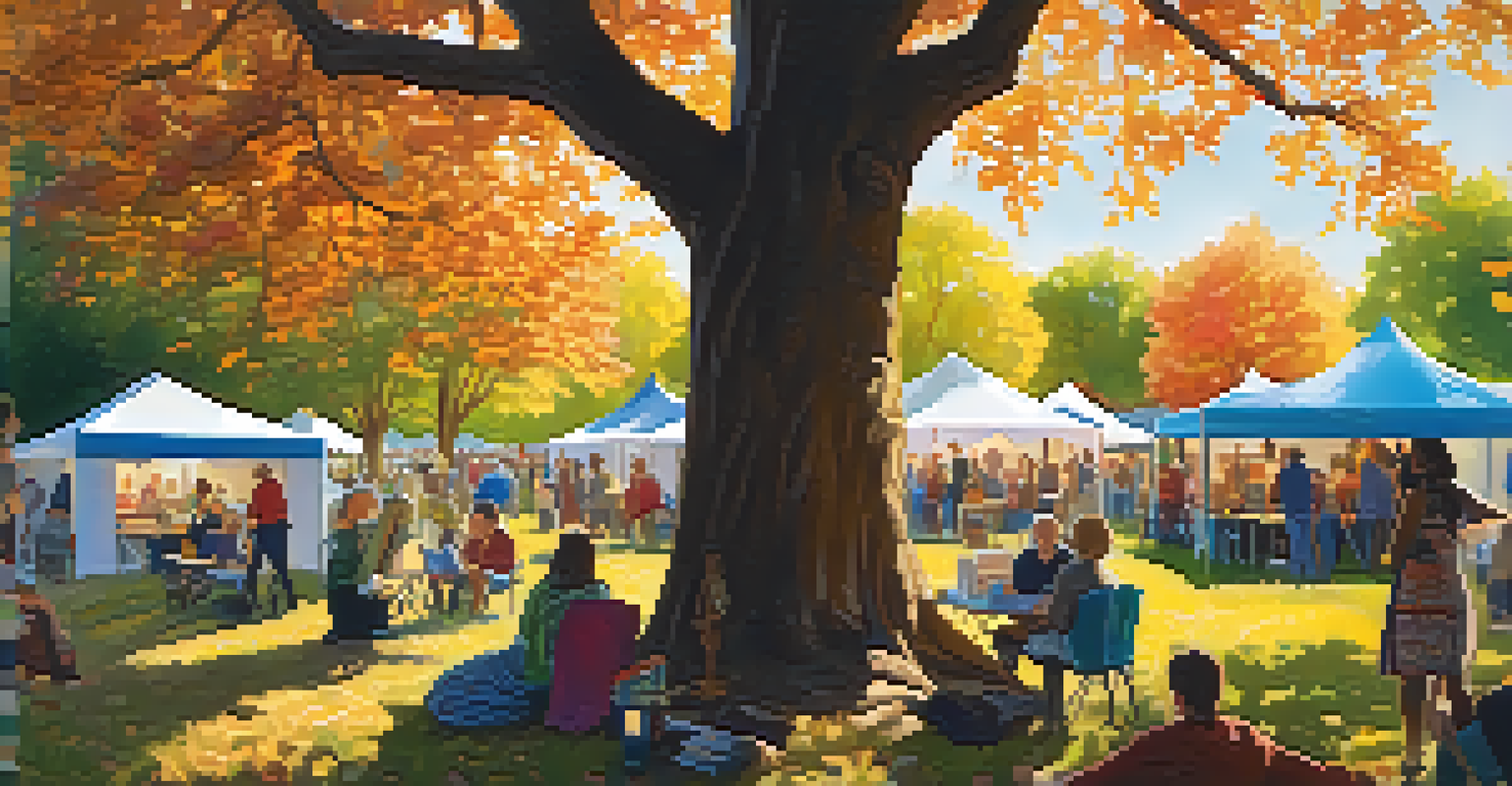 A lively literary festival in Missouri with authors and readers under an oak tree.