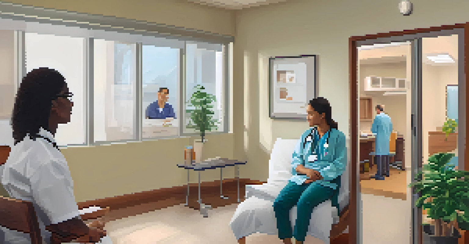A split-screen showing a patient in a waiting room on one side and a patient having a video call with a doctor at home on the other side.