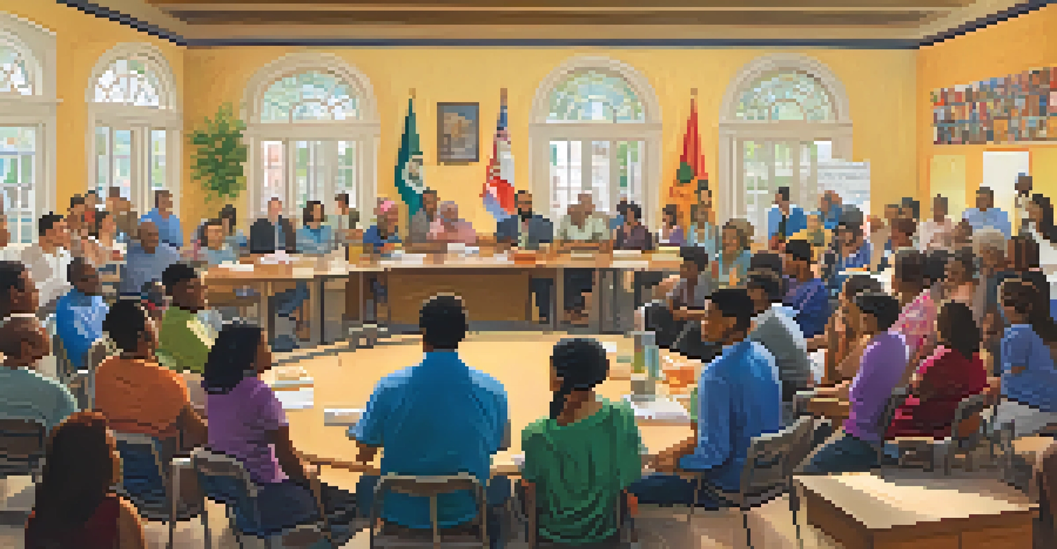 A diverse group of citizens participating in a lively town hall meeting, discussing local issues.