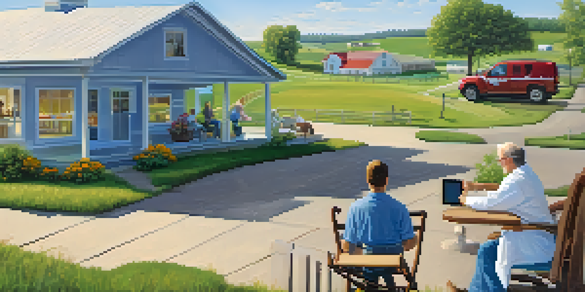 A person sitting on a porch having a video consultation on a tablet, with a rural Missouri landscape in the background.