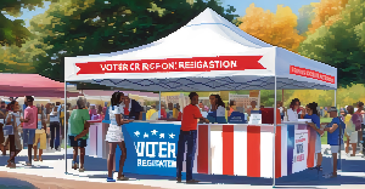A voter registration booth at a community event with a volunteer helping an individual register, surrounded by colorful banners and a small crowd.