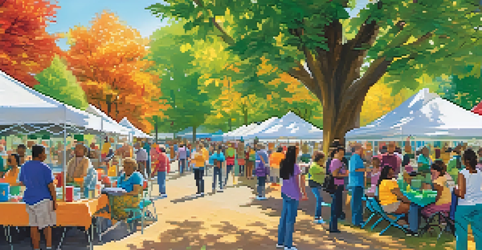 A community health fair in a park featuring diverse people participating in health screenings and workshops, with colorful banners and booths.