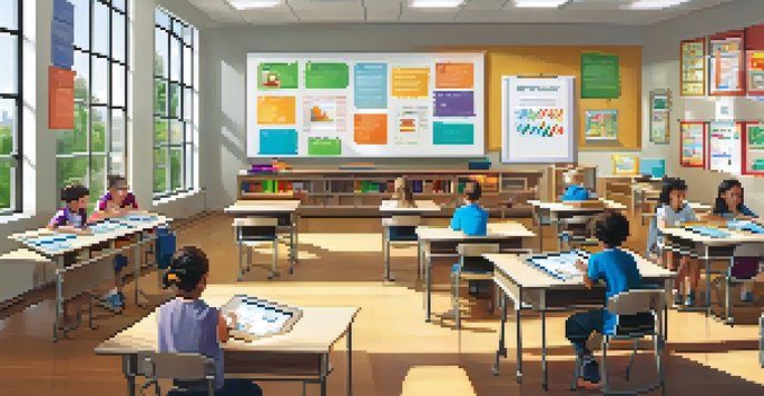 A vibrant classroom where students are engaged with technology, using tablets and interactive whiteboards under bright natural light.