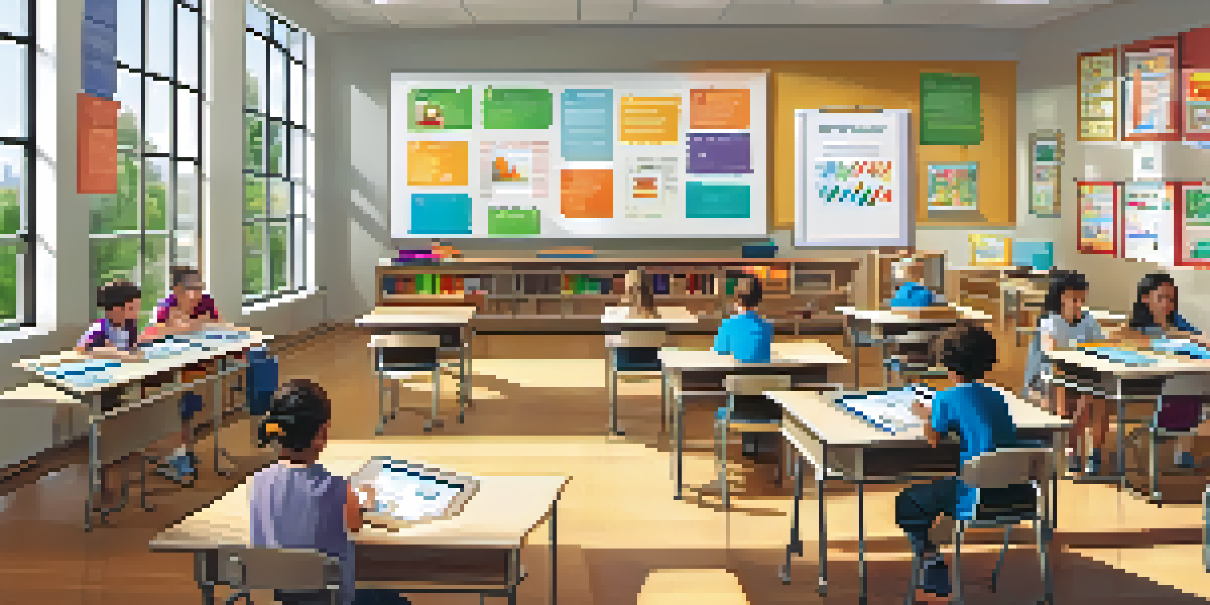 A vibrant classroom where students are engaged with technology, using tablets and interactive whiteboards under bright natural light.
