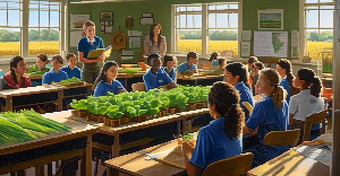 A lively classroom where students learn about agriculture, featuring a teacher demonstrating precision farming technology.