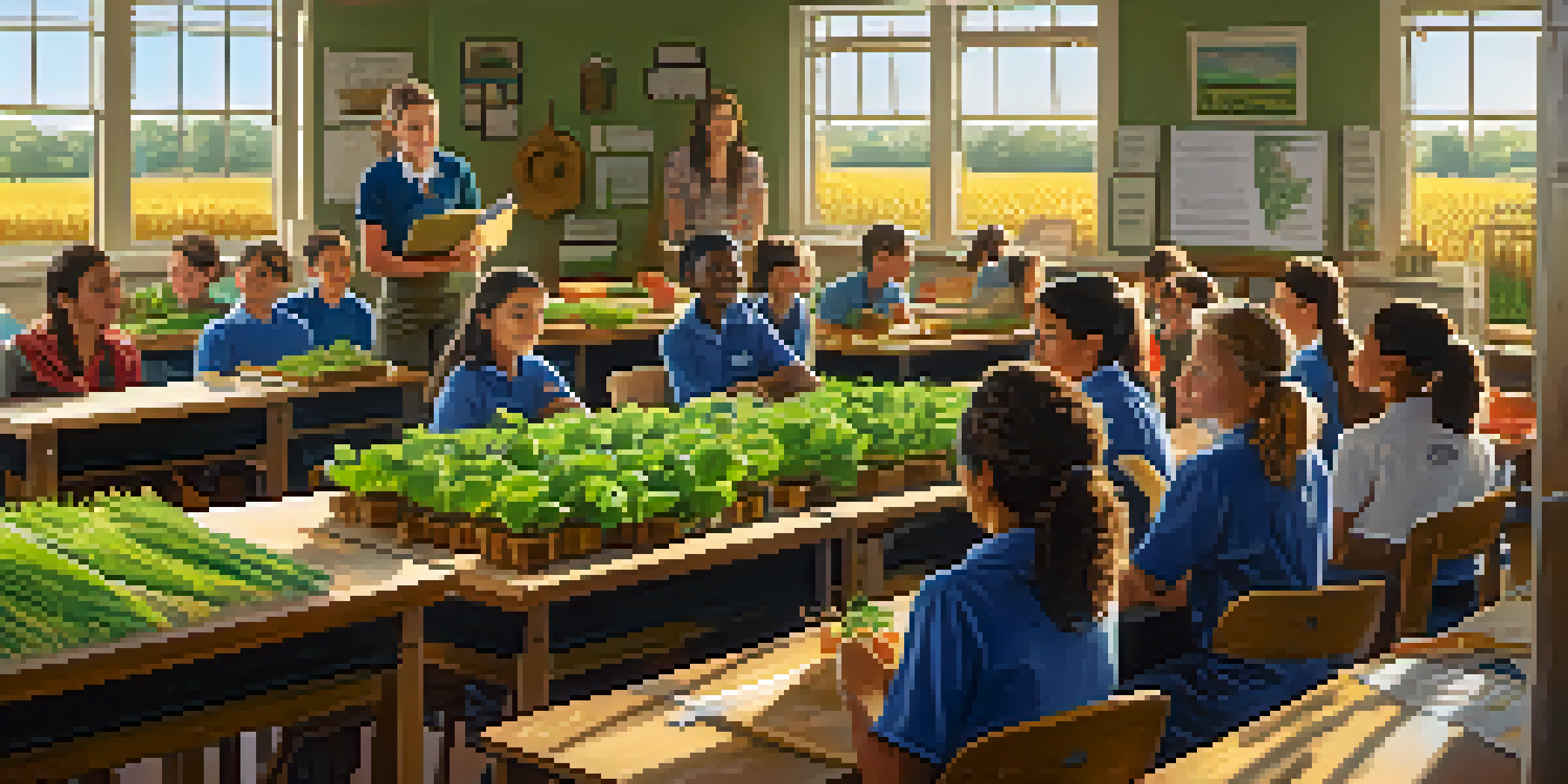 A lively classroom where students learn about agriculture, featuring a teacher demonstrating precision farming technology.