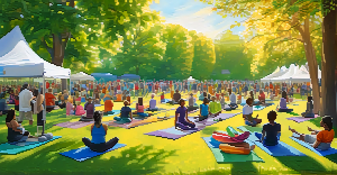 A community health event in a park with diverse individuals participating in yoga and nutrition workshops under the sun.