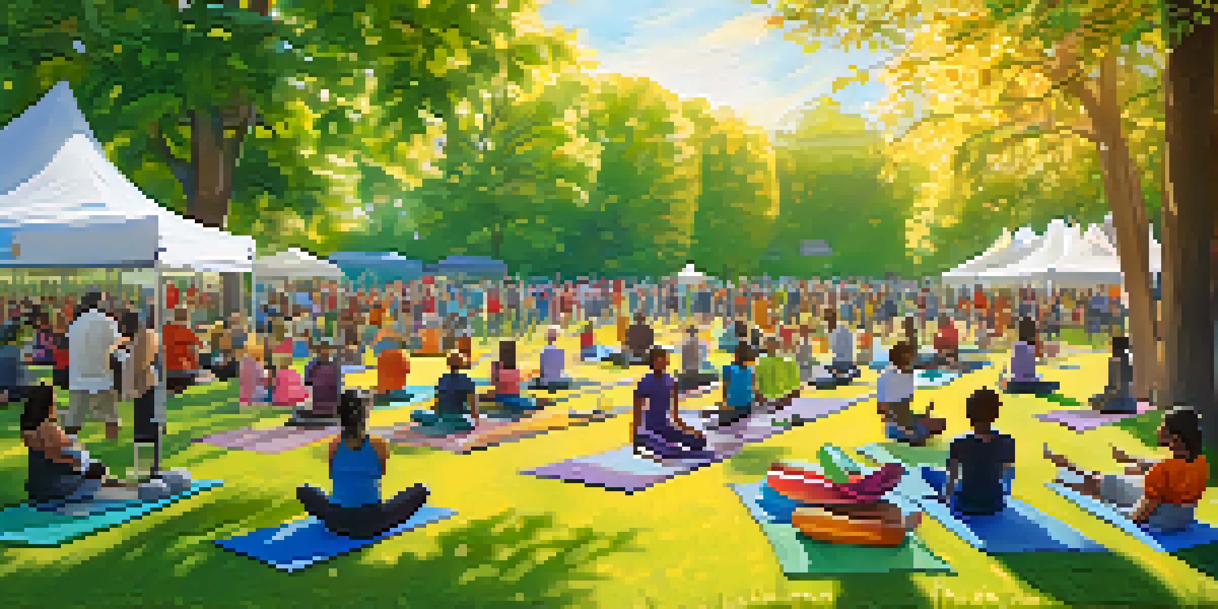 A community health event in a park with diverse individuals participating in yoga and nutrition workshops under the sun.