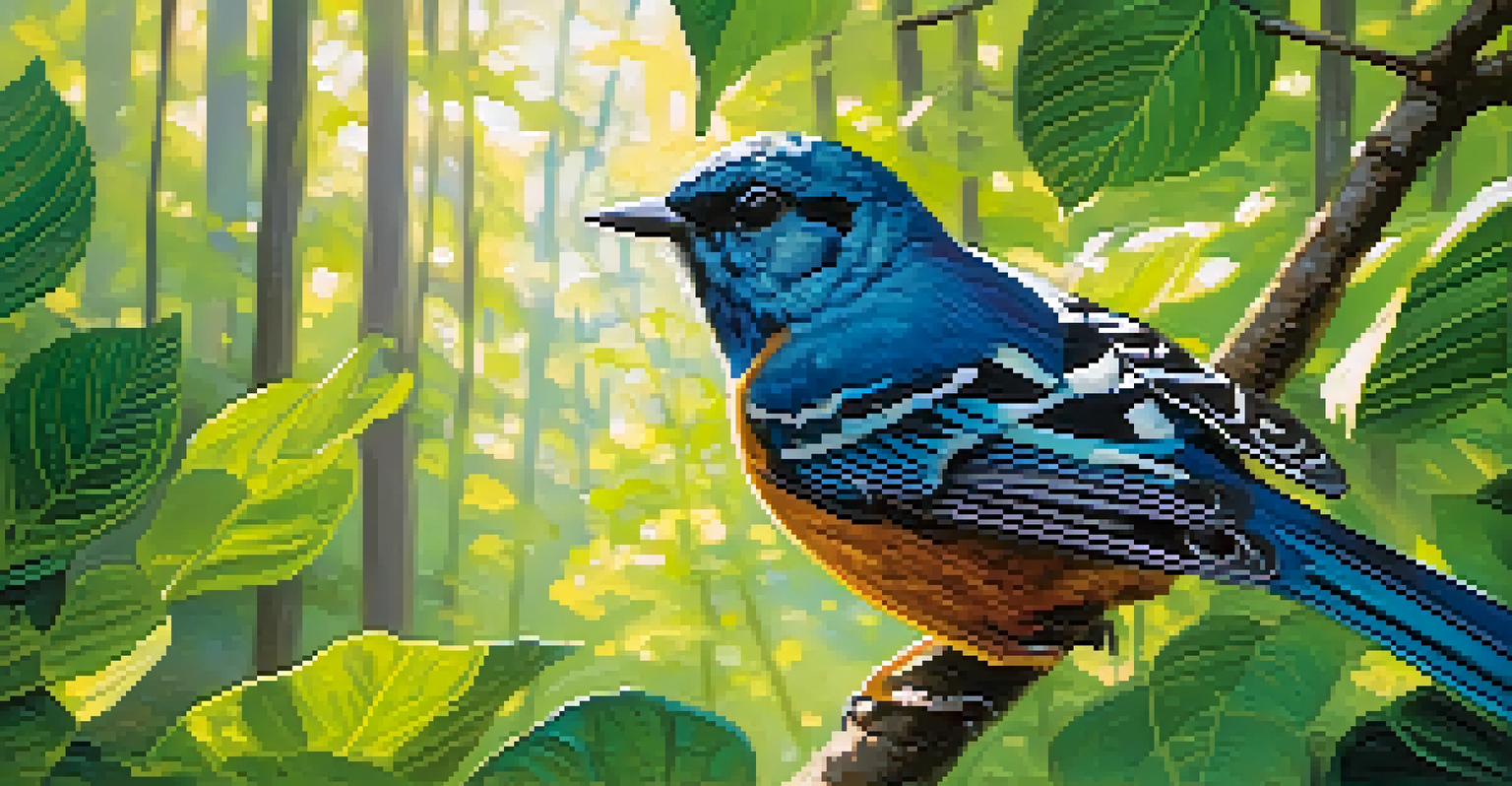 A colorful songbird sitting on a branch in a green forest.