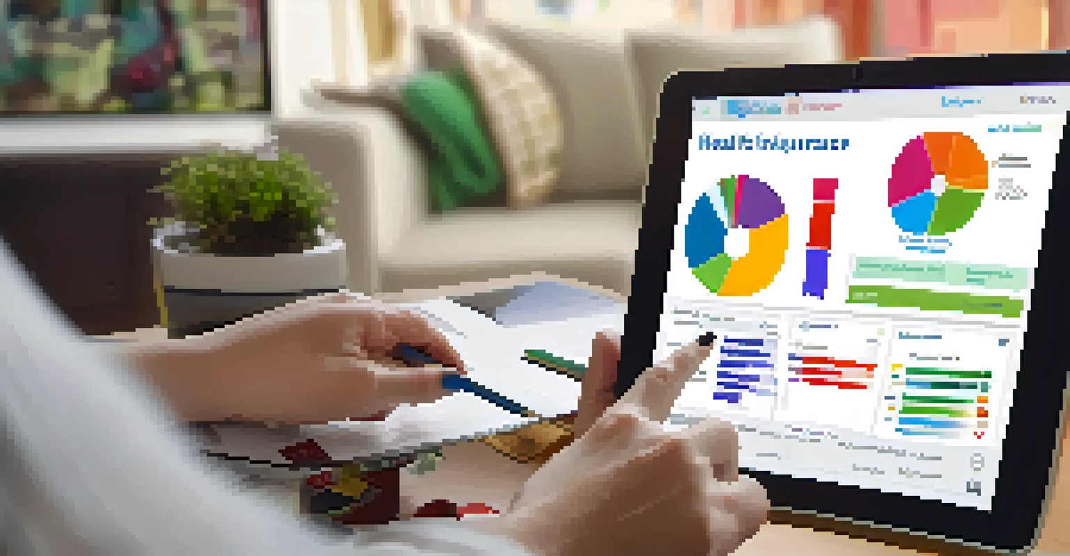 A digital tablet showing health insurance options on a website, with a person taking notes in the background.