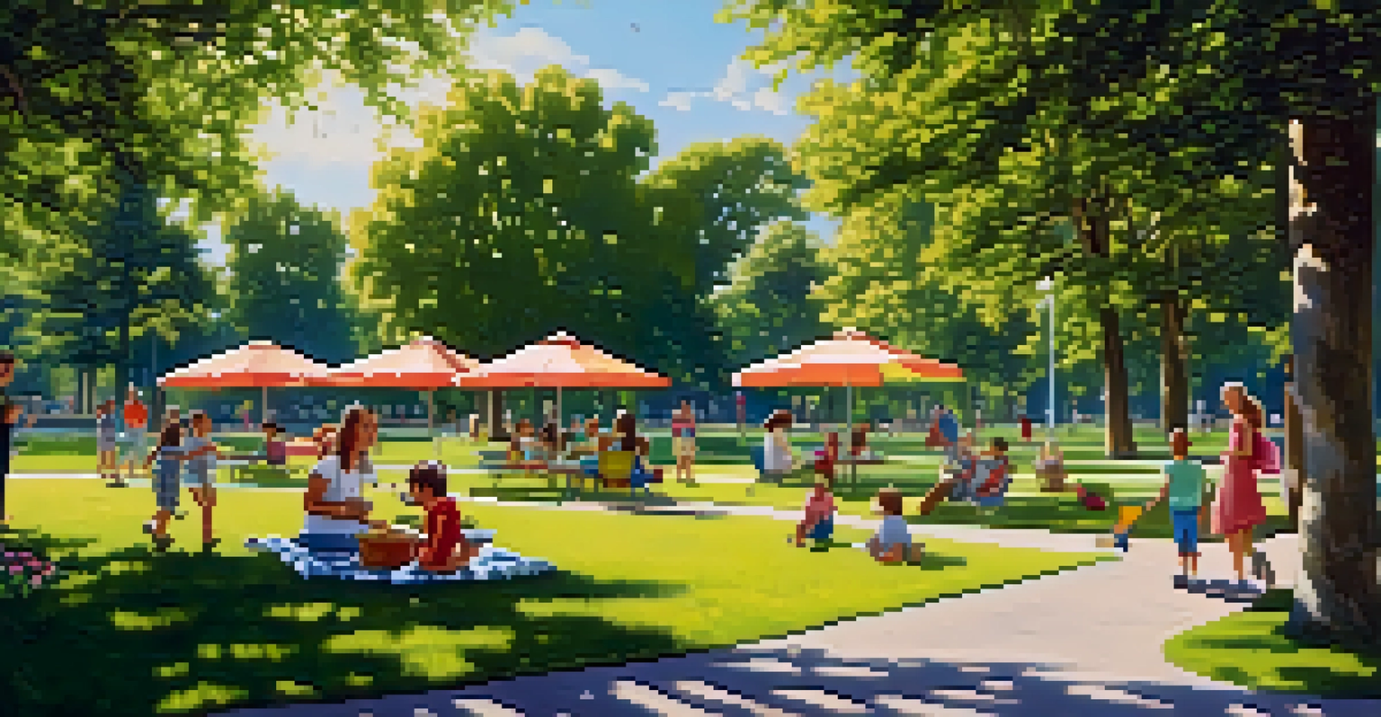 A family-friendly park with people enjoying picnics and playing games in a sunny environment.