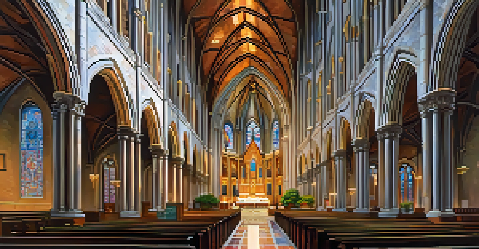 The interior of the Cathedral Basilica in St. Louis, featuring colorful mosaics and soft light from stained glass windows.