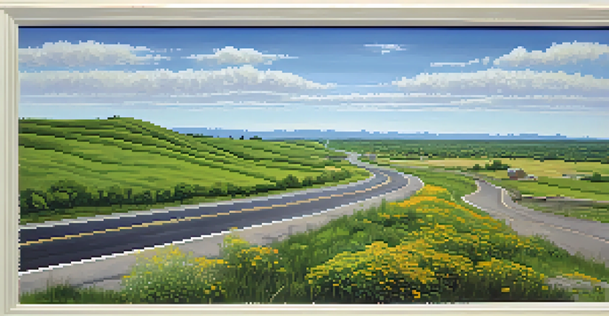 A winding road of Route 66 surrounded by rolling hills and green forests under a clear blue sky, with wildflowers lining the road.